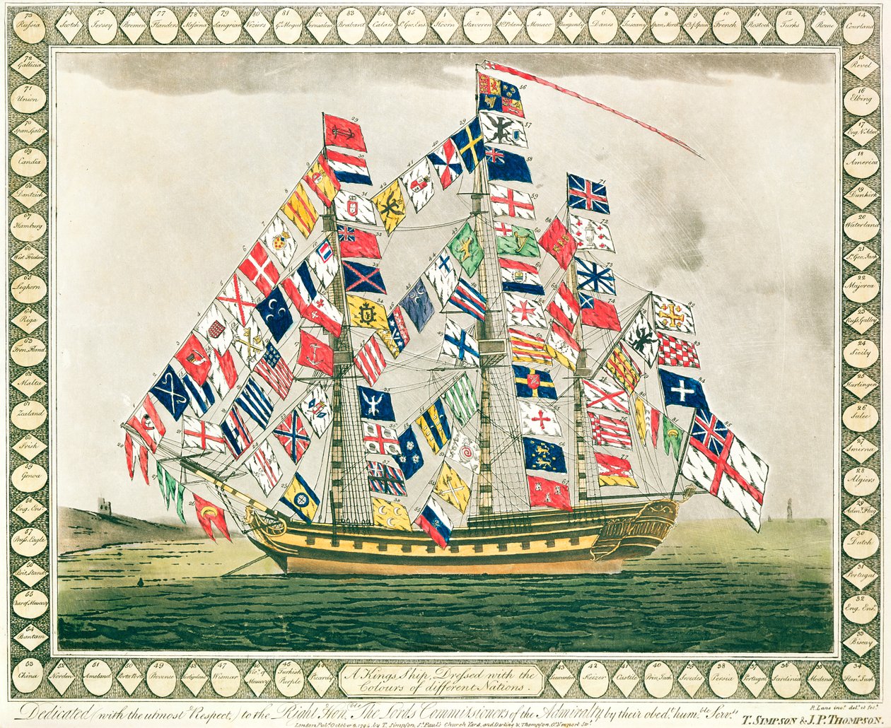 Een koninklijk schip versierd met de kleuren van verschillende naties, 6 oktober 1794 door English School