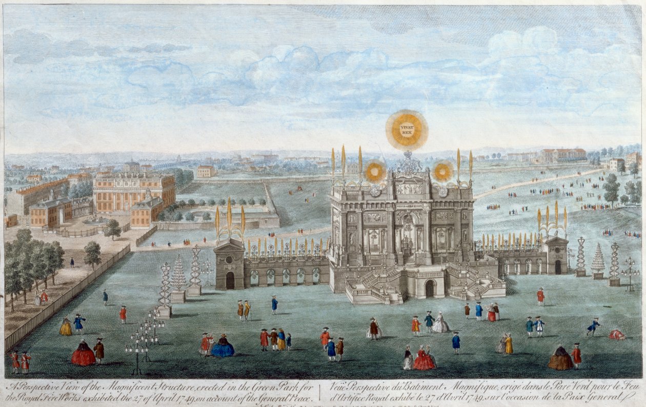 Een perspectivisch uitzicht op de prachtige structuur opgericht in Green Park voor het koninklijk vuurwerk, uitgegeven door Robert Wilkinson, 1749 door English School