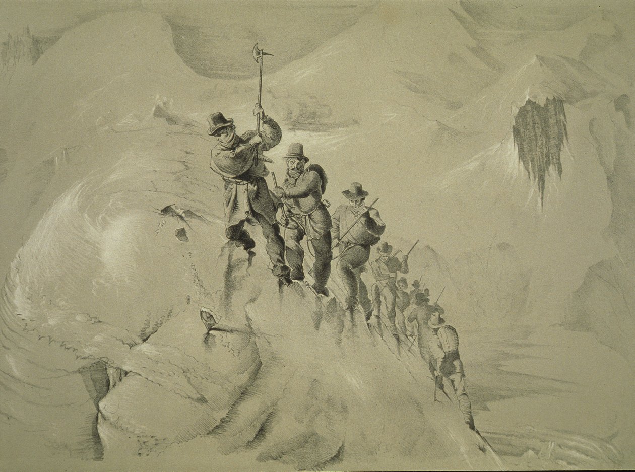 Een steile klim, uit Tien scènes in de laatste beklimming van de Mont Blanc inclusief vijf uitzichten vanaf de top, door J.D.H. Browne, gepubliceerd 1853 door English School