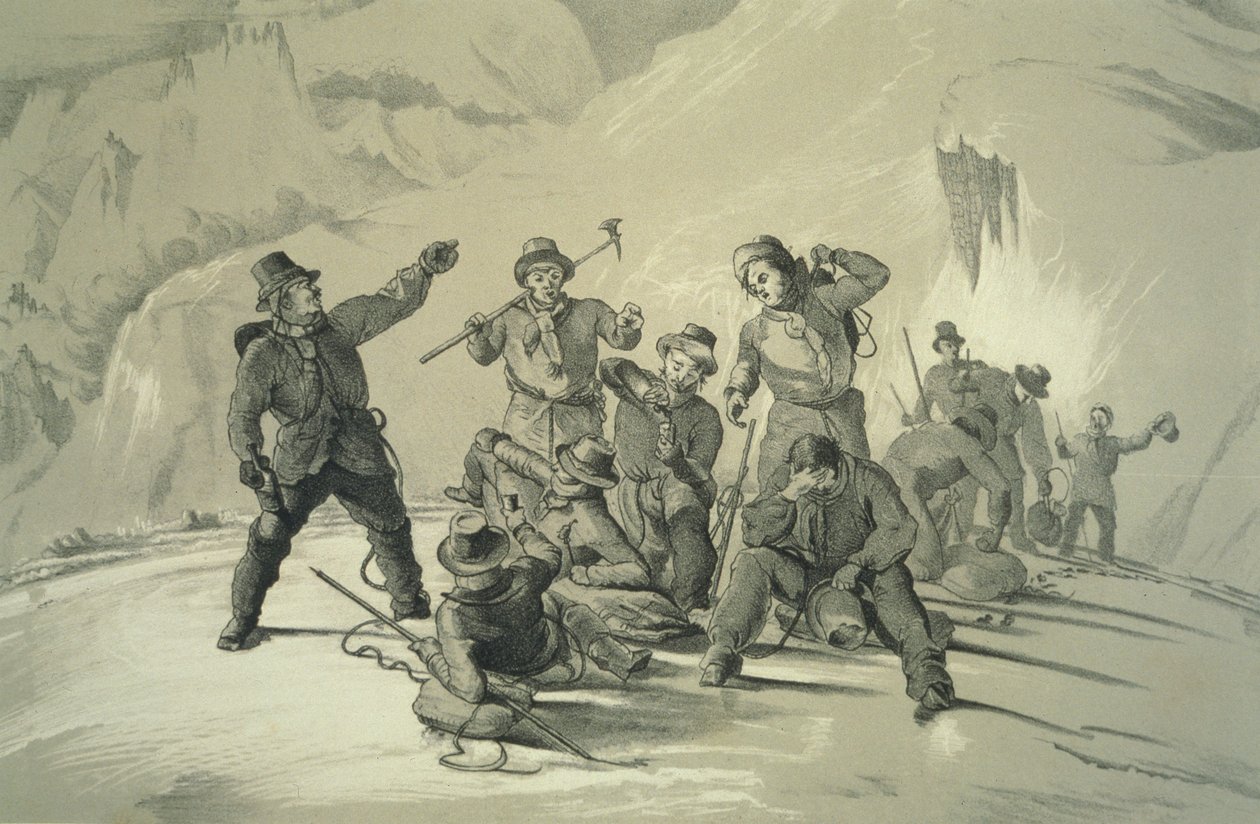 Een pauze voor verfrissing, uit Tien scènes in de laatste beklimming van de Mont Blanc inclusief vijf uitzichten vanaf de top, door J.D.H. Browne, gepubliceerd 1853 door English School