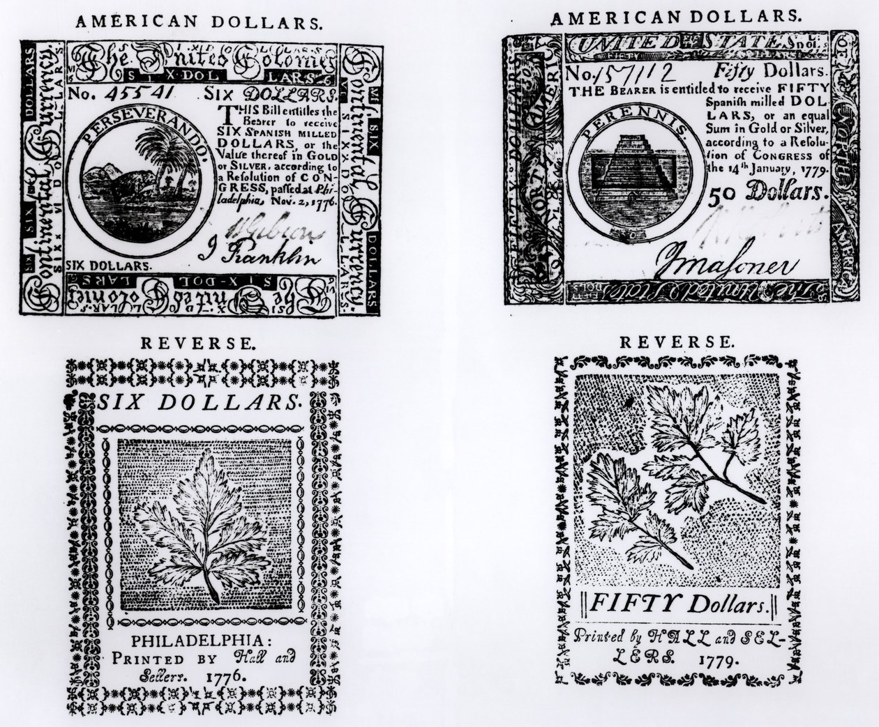 Een koloniale zes dollar biljet van 1776 en een Amerikaanse vijftig dollar biljet van 1779 door English School
