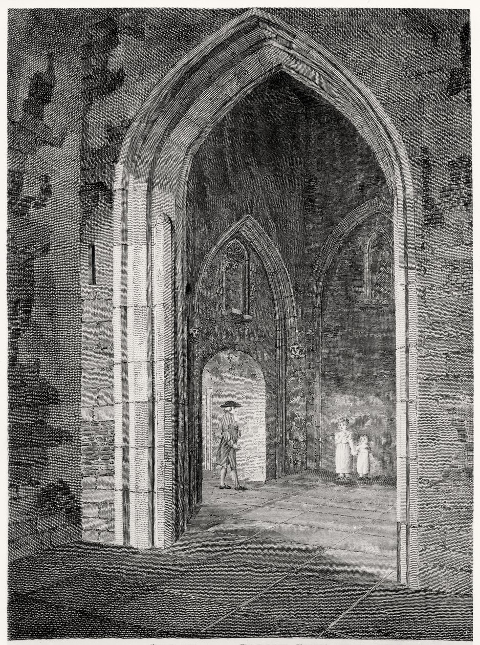 Een Interieurzicht van de Portiek van de Parochiekerk van St. Alphage, London Wall; voorheen de Kapel van het Priorij van Elsynge Spital, uitgegeven door Robert Wilkinson, 1815 door English School
