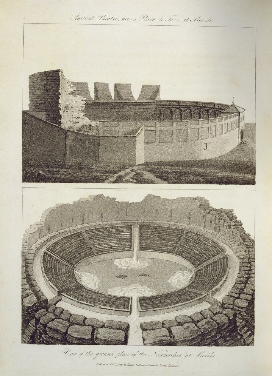 Oud Theater, nu een Plaza de Toros, en een Uitzicht op het Grondplan van de Naumachia, in Merida, uitgegeven door Henry Colburn, 1816 door English School