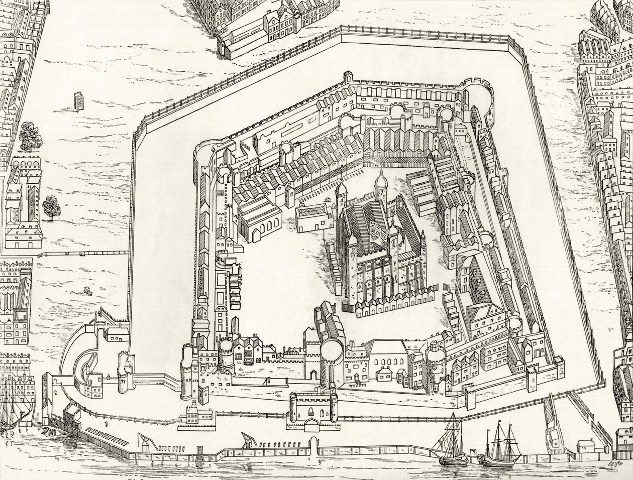 Vogelvlucht van de Tower of London in 1688, uit 