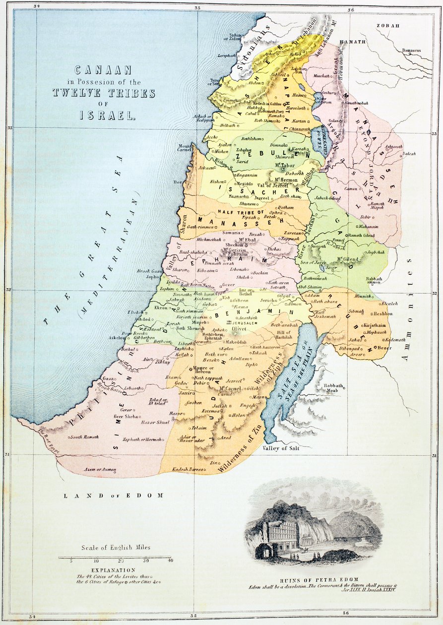 Kanaän zoals het werd verdeeld tussen de twaalf stammen van Israël door English School