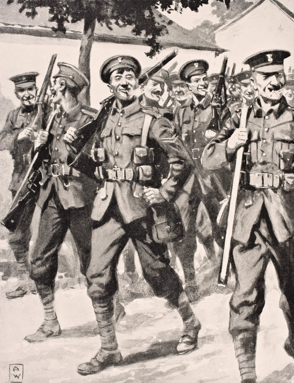Karikatuurachtige tekening van zelfverzekerde Britse troepen op weg naar het front aan het Westelijk Front, 1915, uit 