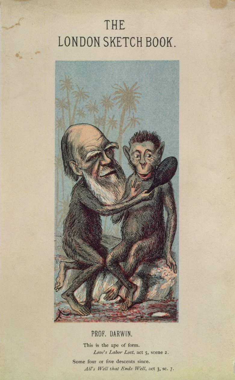 Cartoon van Darwin met een aap, uit The London Sketch Book, april 1874 Vol 1 No. 4 door English School