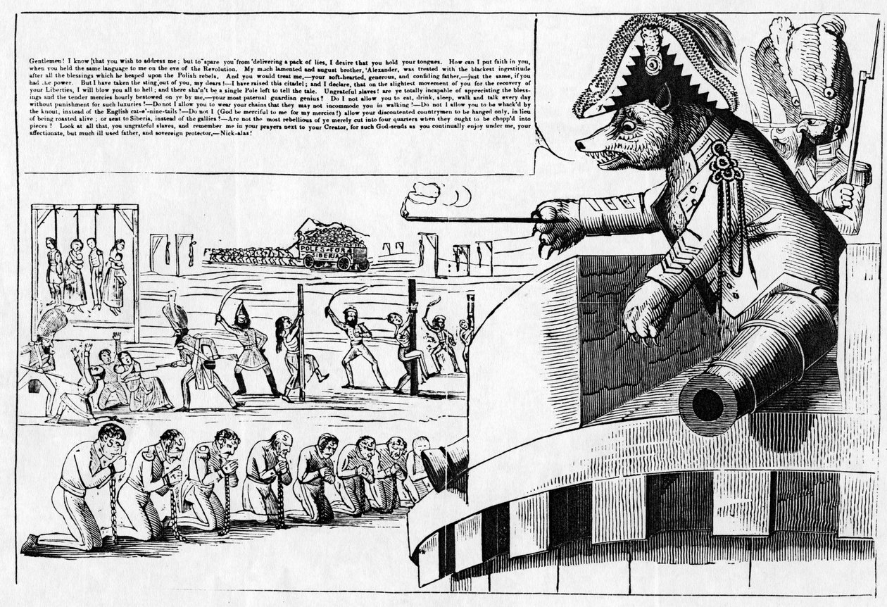 Cartoon van tsaar Nicolaas I als een beer, ca. 1830s door English School