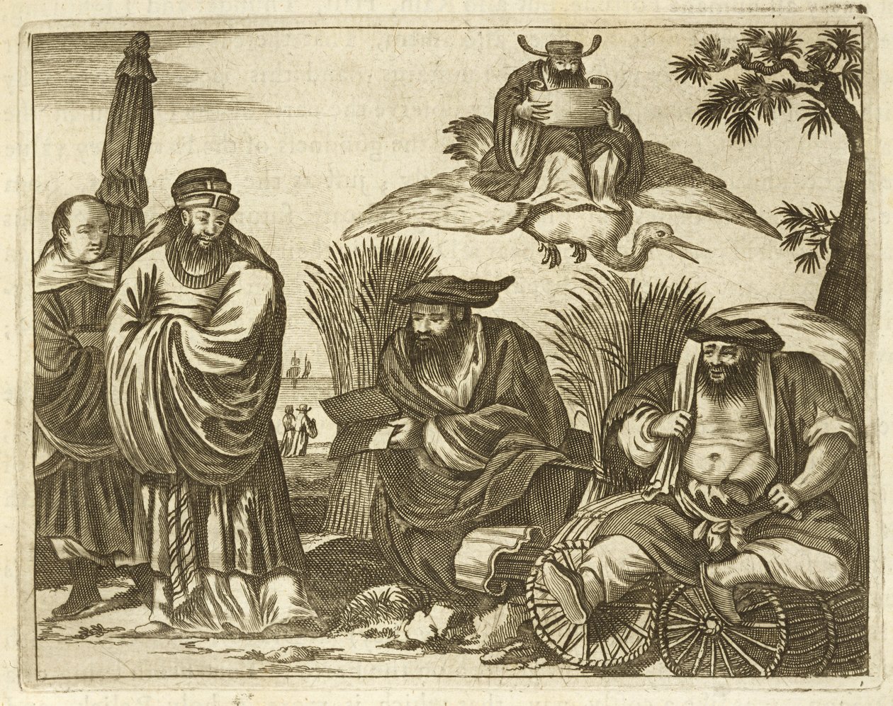 Chinese Handelaren Raadplegen Waarzeggers voor een Veilige Reis, illustratie uit een beschrijving van Ambassades naar China, 1690 door English School