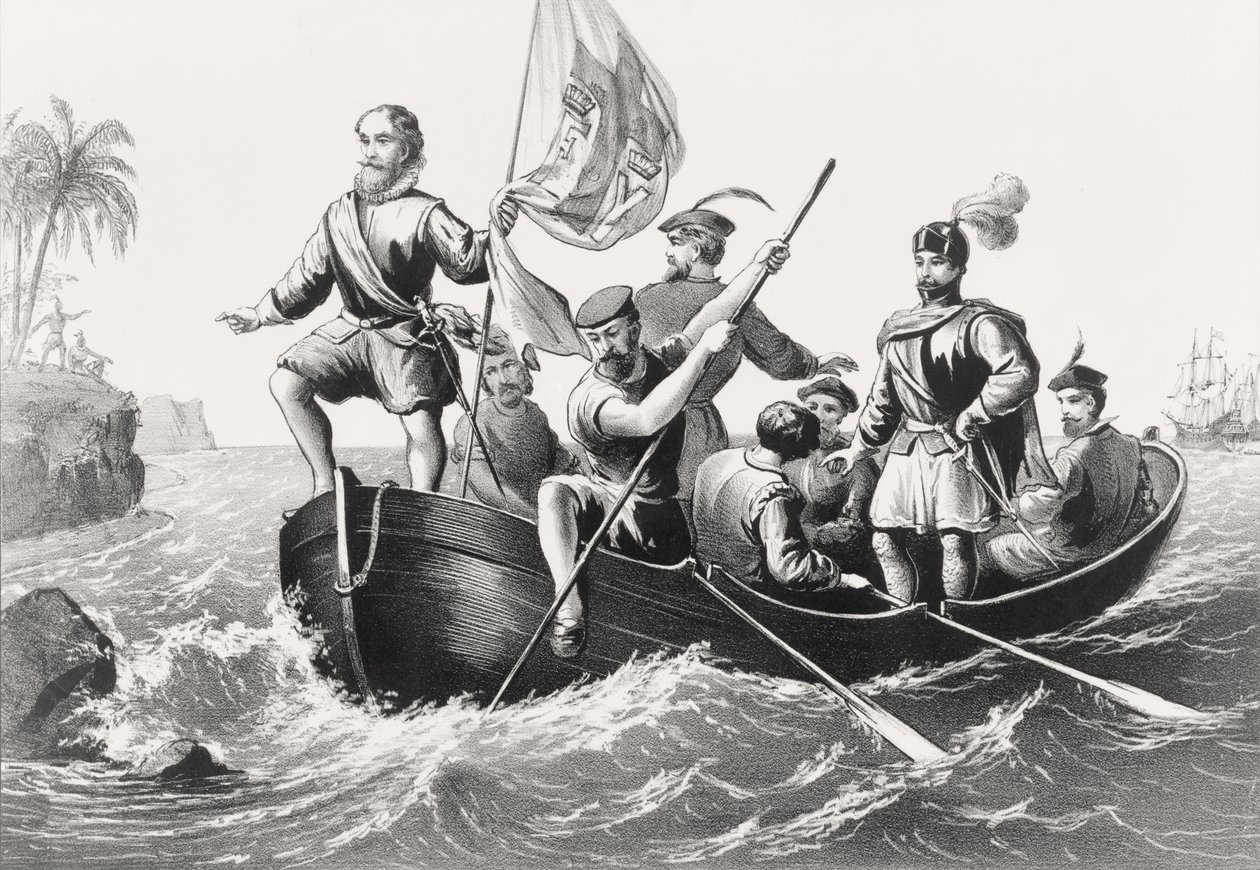Christoffel Columbus zet voet aan wal in San Salvador op 12 oktober 1492 door English School