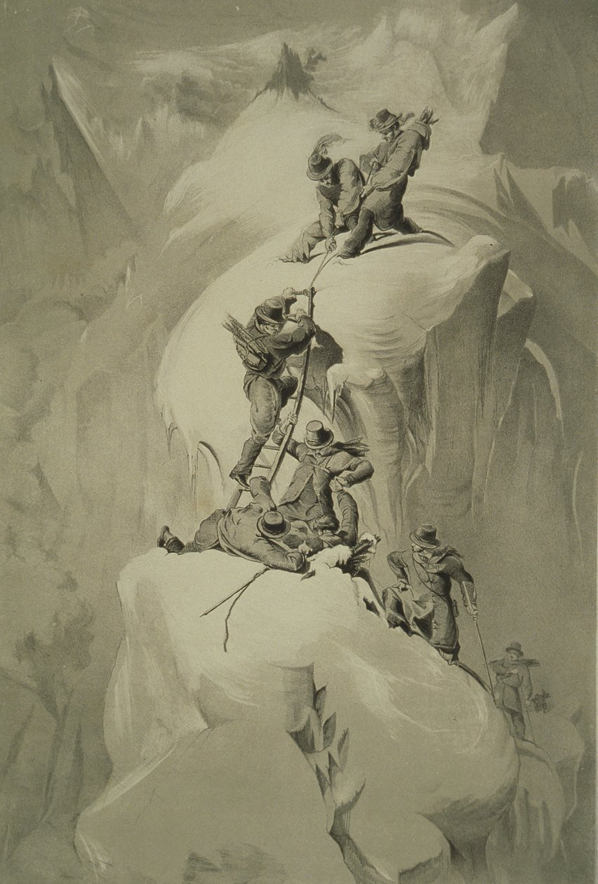 Een spleet oversteken, uit Tien scènes in de laatste beklimming van de Mont Blanc inclusief vijf uitzichten vanaf de top, door J.D.H. Browne, gepubliceerd 1853 door English School