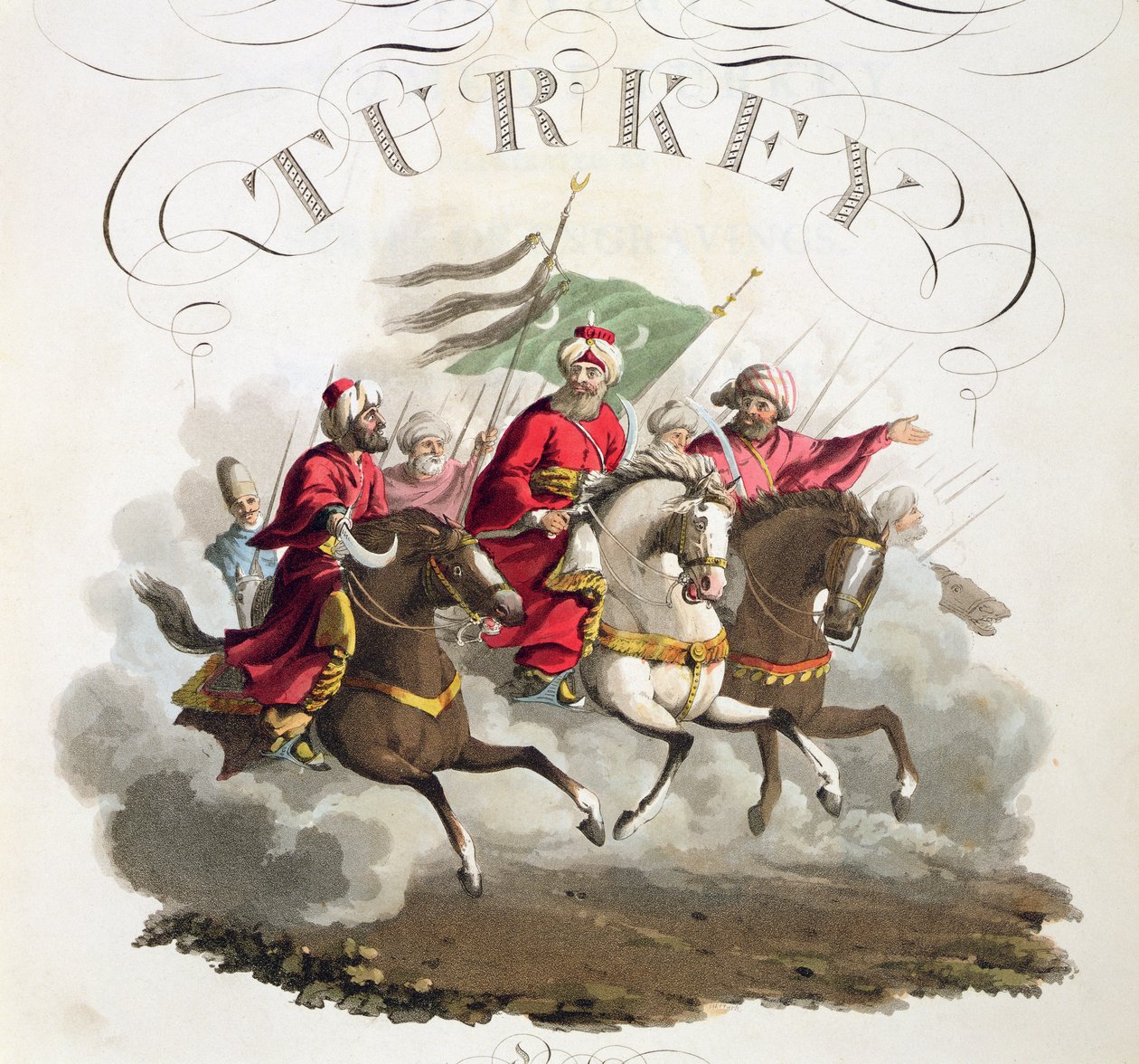 (detail) van titelpagina, uit Costumes of the Various Nations, Volume VII, The Military Costume of Turkey, door Thomas MacLean, gepubliceerd c.1800-18 (handgekleurde aquatint) door English School