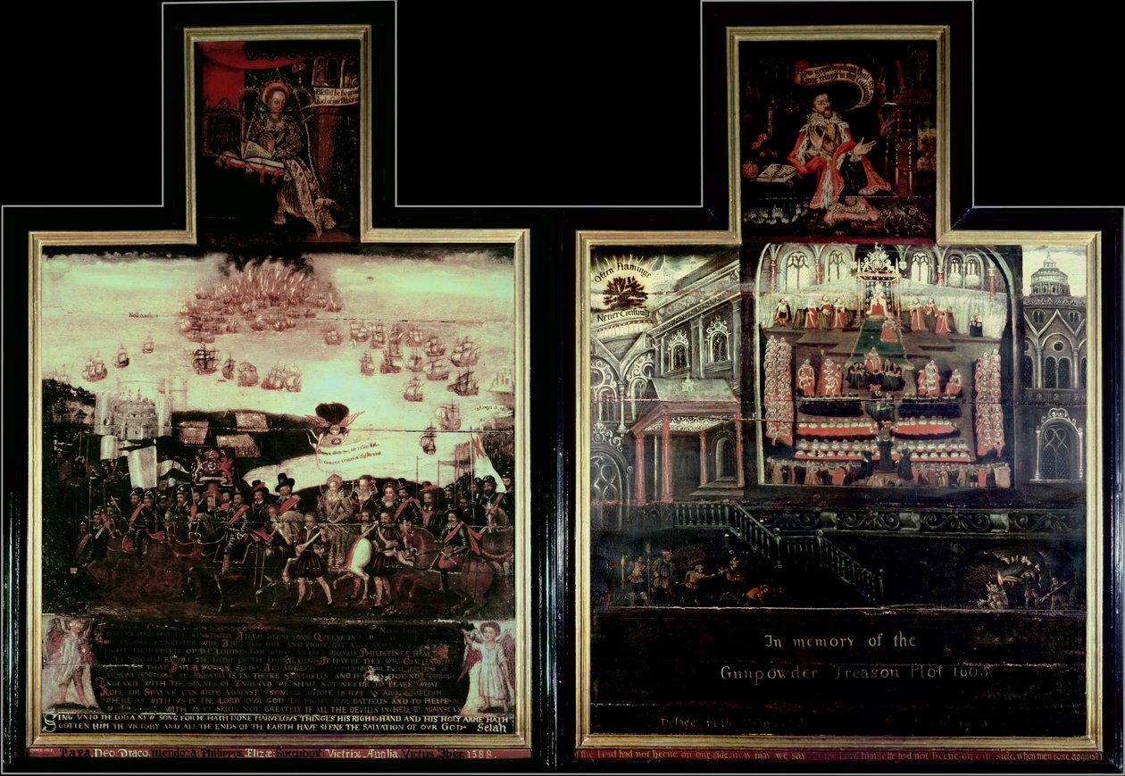 Diptiek die de aankomst van koningin Elizabeth I (1530-1603) in Tilbury, de nederlaag van de Spaanse Armada en het Buskruitverraad afbeeldt door English School