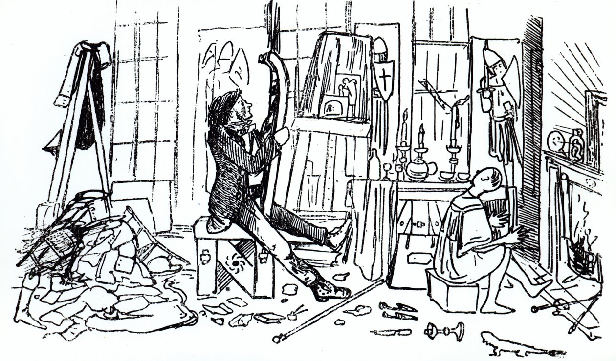 Edward Burne-Jones aan het werk in zijn studio op 17 Red Lion Square, Londen, ca. 1857 door English School