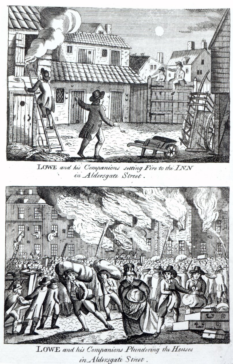 Edward Lowe en zijn metgezellen steken de herberg aan de Aldersgate Street in brand en plunderen de huizen, 16 mei 1790 door English School