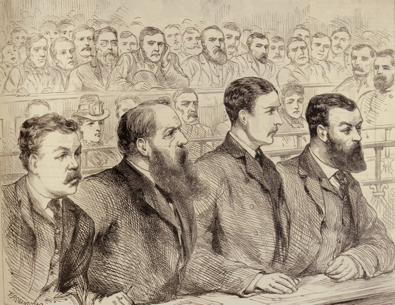 Onderzoek van de Leiders van de Social Democratic Federation bij het Bow Street Politiebureau, uit The Illustrated London News, 27 februari 1886 door English School