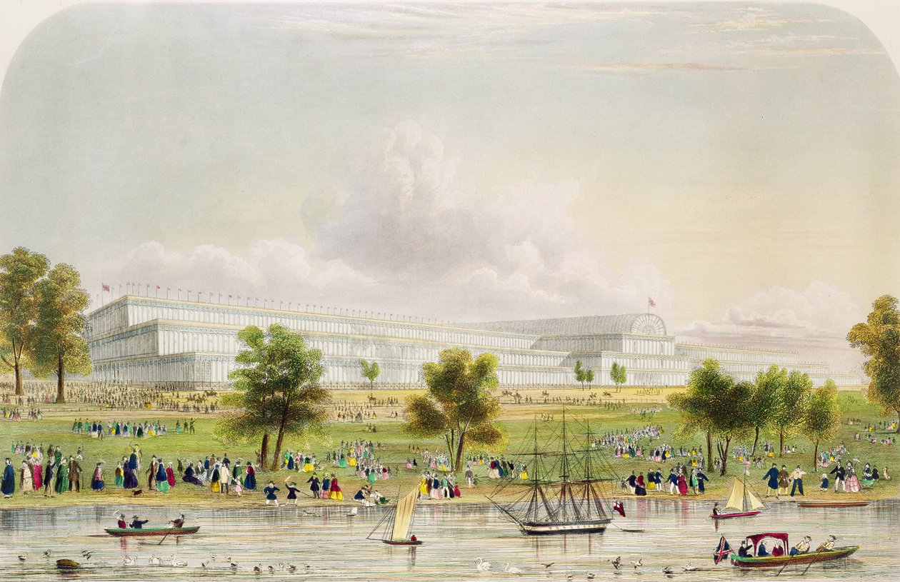 Buitenaanzicht van de Grote Tentoonstelling van alle Naties, vanaf de Serpentine, uitgegeven door Reed en Co. 1851 door English School