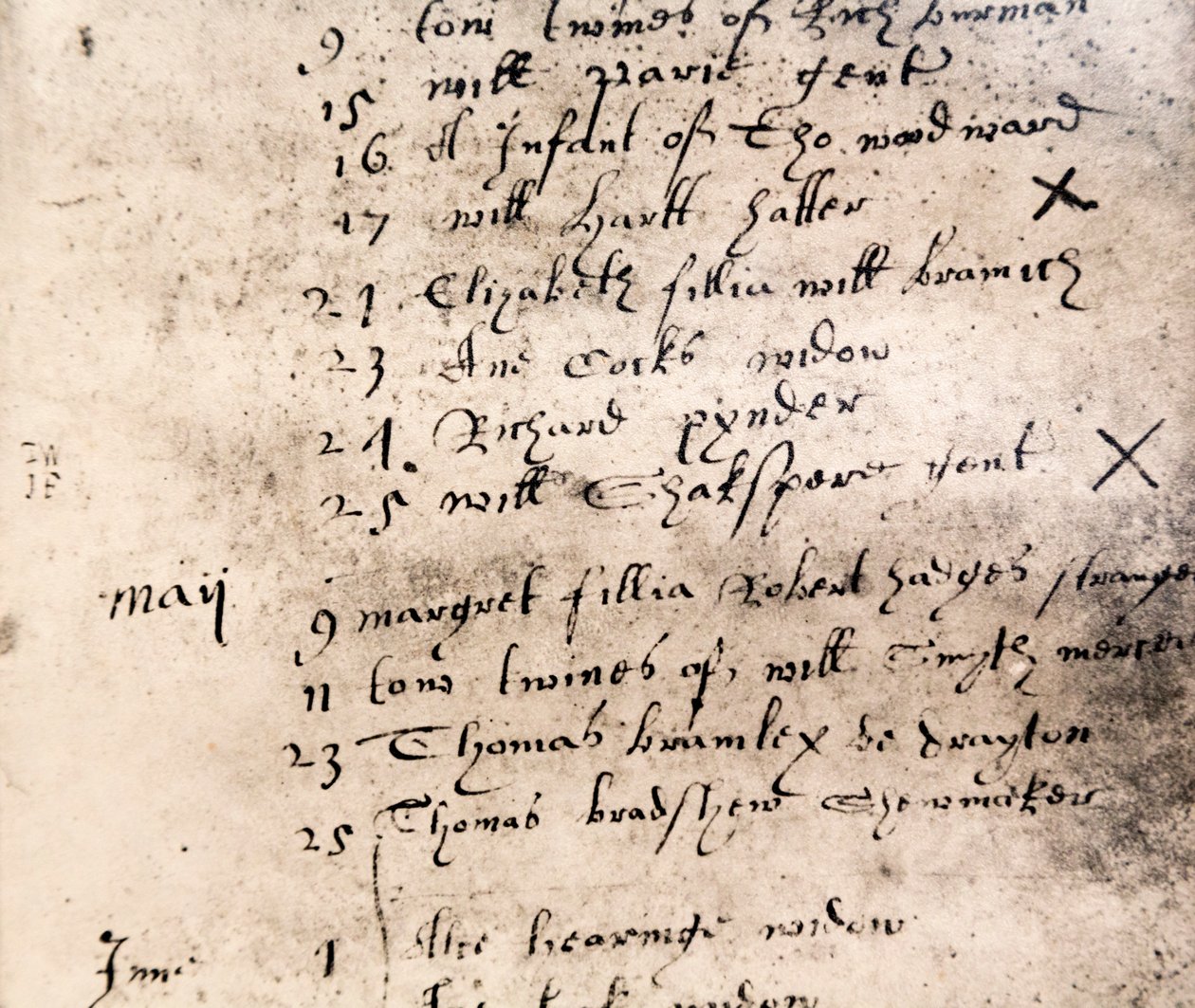 Facsimile registervermelding voor de begrafenis van William Shakespeare op 25 april 1616 door English School