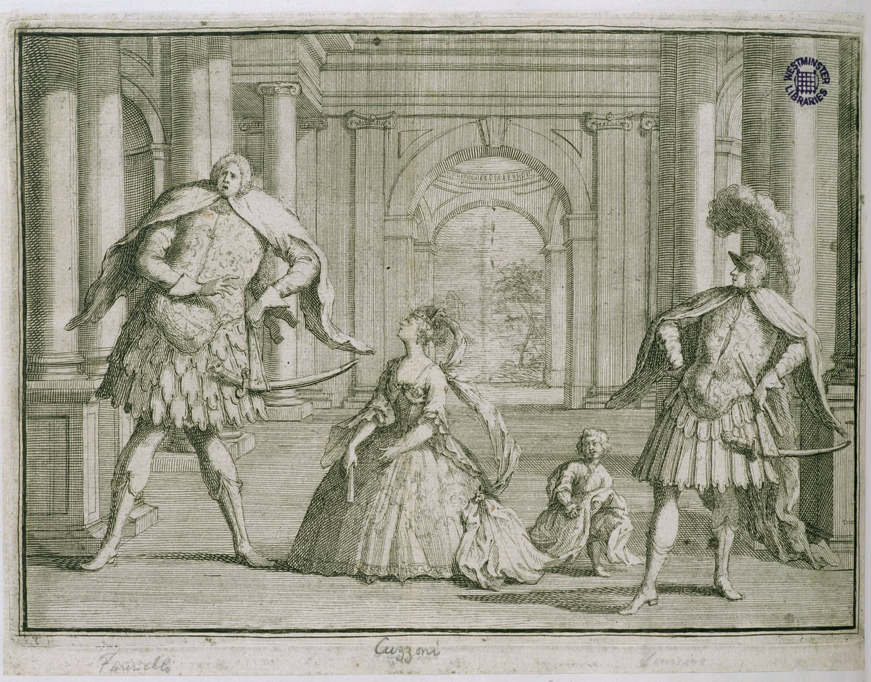 Farinelli, Cuzzoni en Senesino in Handels Flavio, ca. 1728 door English School