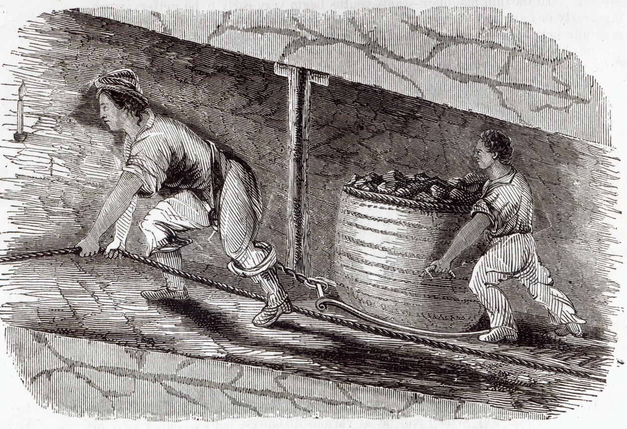 Vrouwelijke mijnwerker in een kolenmijn in Little Bolton, 1842 door English School