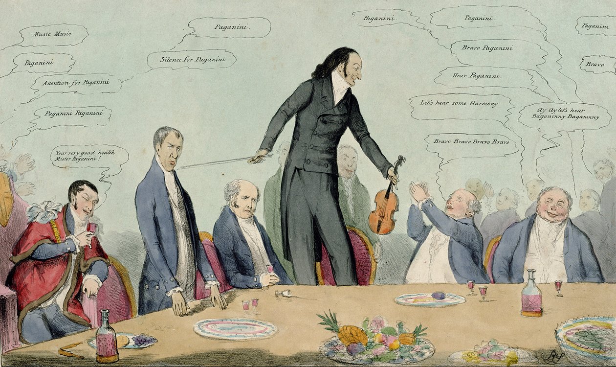 Fiddlestick versus Broomstick, karikatuur van Niccolo Paganini, uitgegeven door Thomas McLean, 1831 door English School