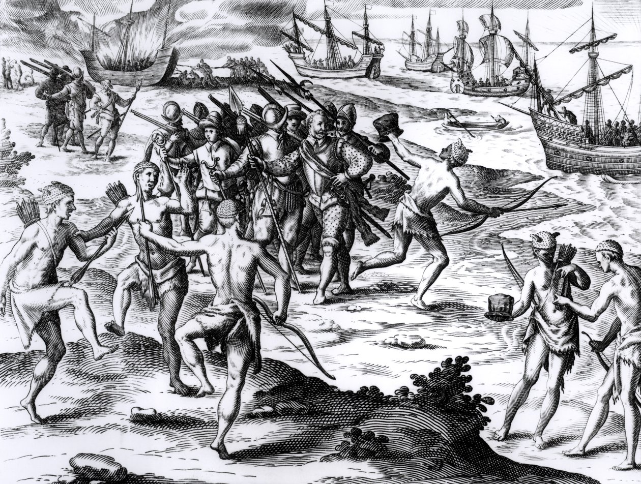 Francis Drake (ca. 1540-96) in de Nieuwe Wereld door English School