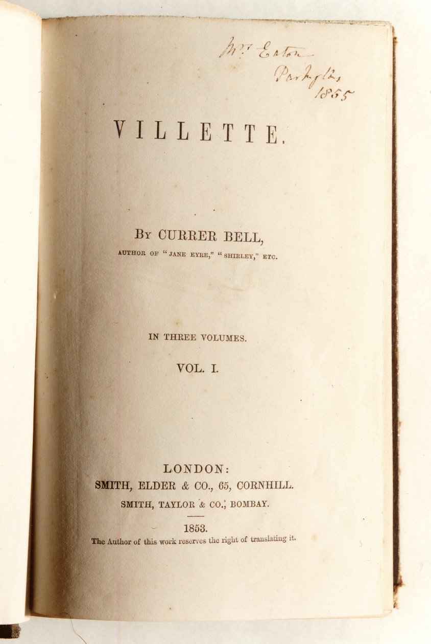 Frontispice voor Villette door Currer Bell, uitgegeven door Smith, Elder & Co. in 1853 door English School