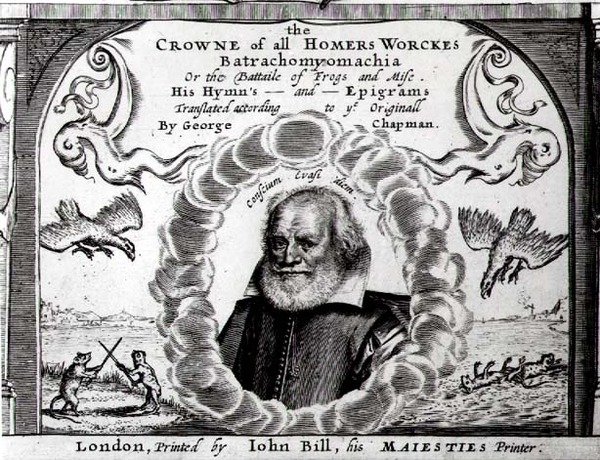 Frontispice van Batrachomyomachia of, De slag van kikkers en muizen, vertaald door George Chapman door English School