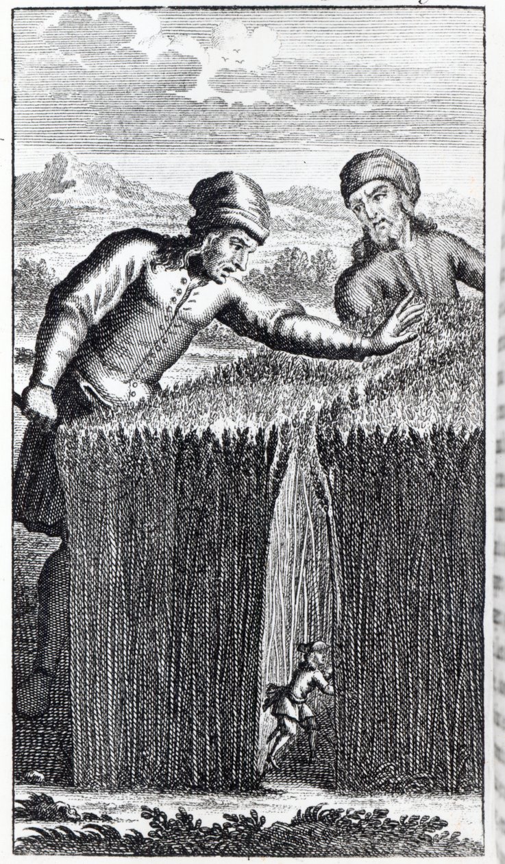 Gulliver wordt ontdekt door een boer in Brobdingnag, illustratie uit 