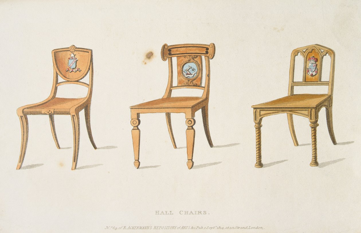 Halstoelen, plaat 67 uit Ackermanns Repository of Arts, Literature, Commerce, Manufactures, Fashion and Politics, gepubliceerd 1814 door English School