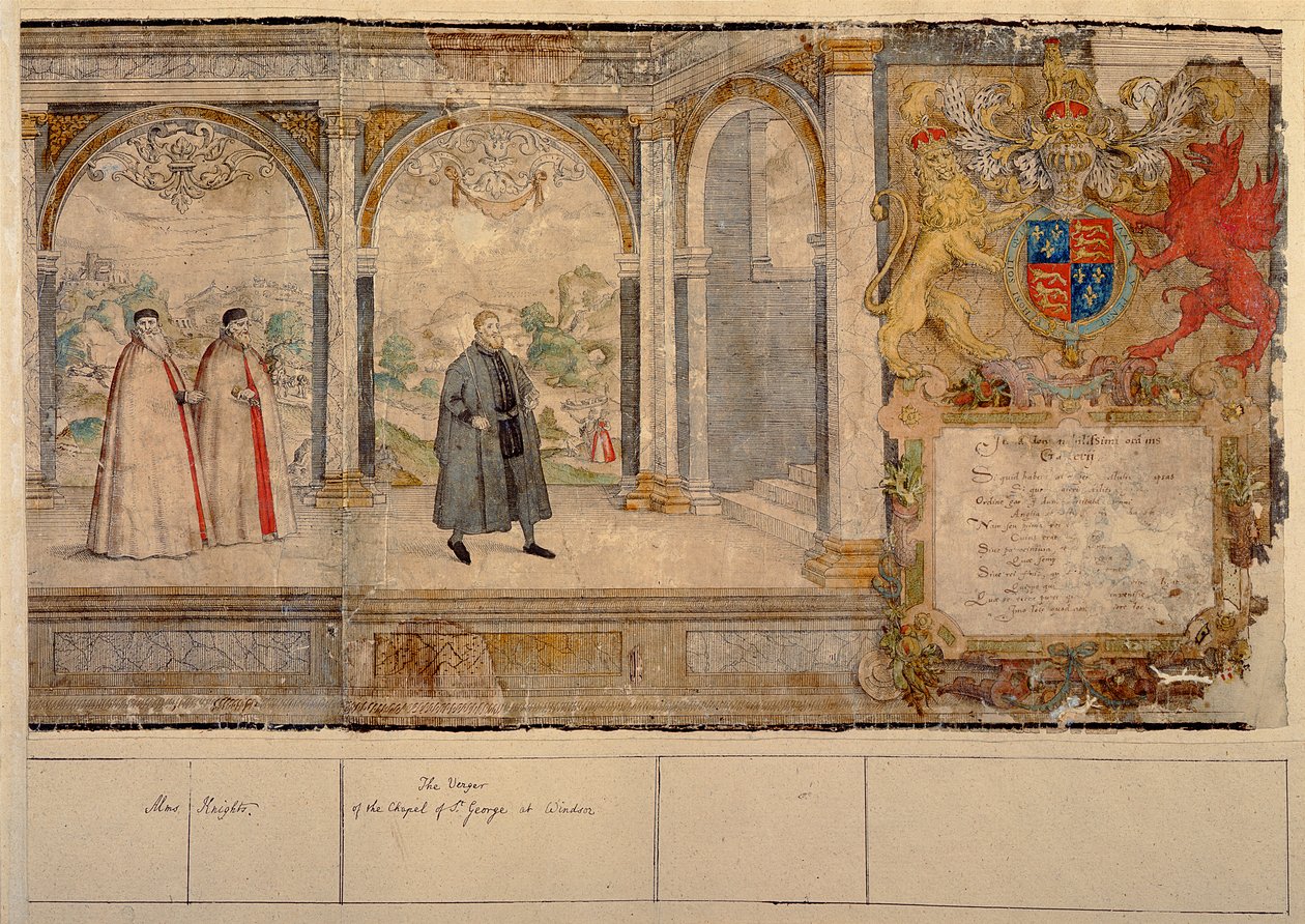 Denkbeeldige samengestelde processie van de Ridders van de Kousenband in Windsor, gegraveerd door Marcus Gheeraerts de Oudere, 1576 door English School