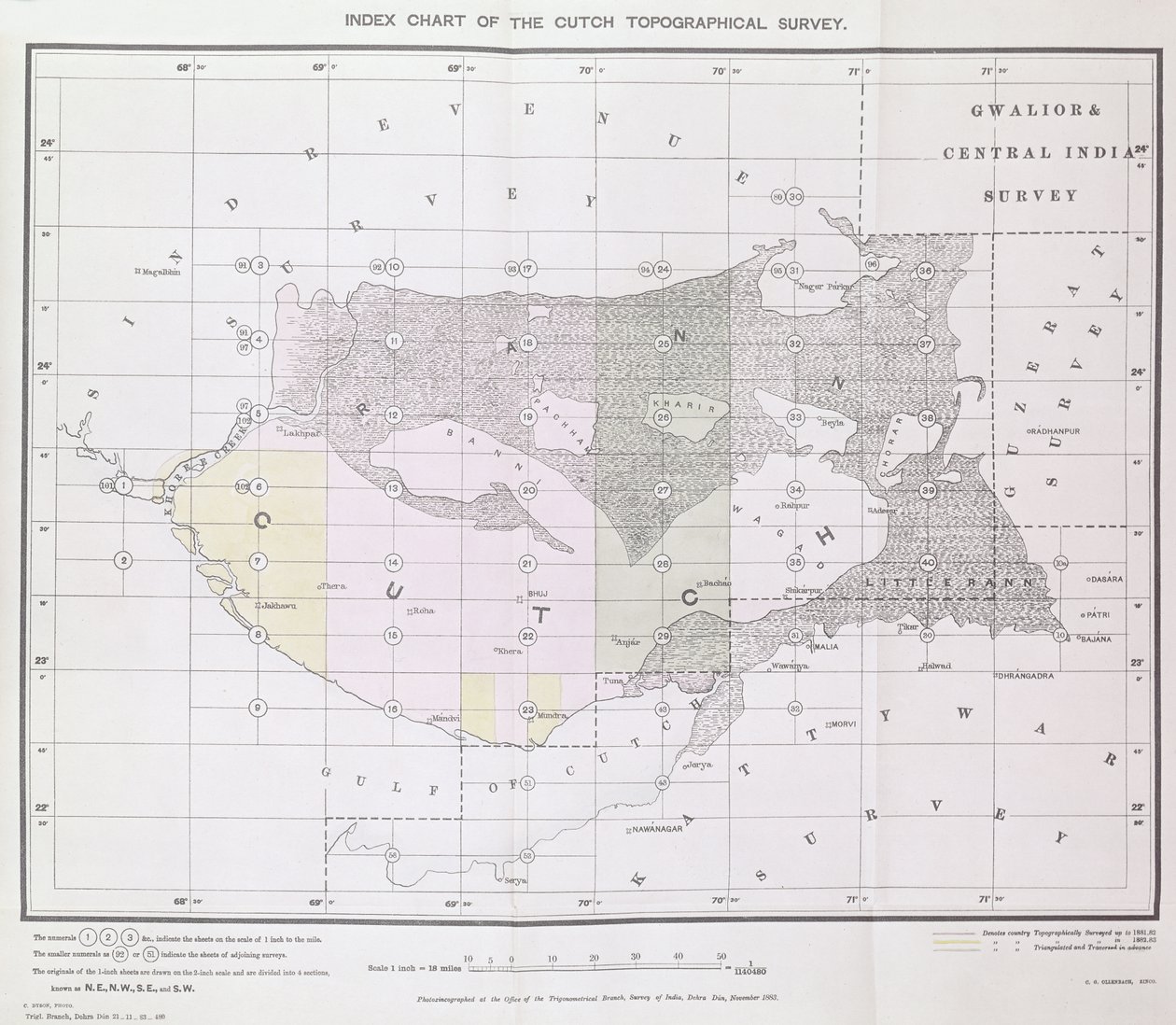 Indexkaart van de Cutch Topografische Survey door de Trigonometrische Afdeling, Survey of India, Dehra Dun, november 1883 door English School