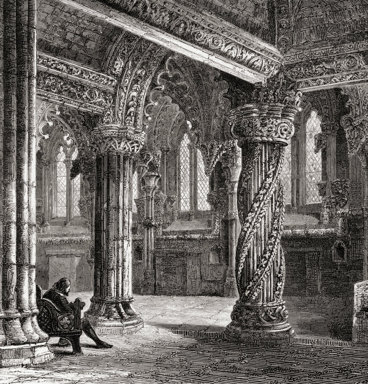 Interieur van de Roslin-kapel, met de Leerlingzuil, uit 