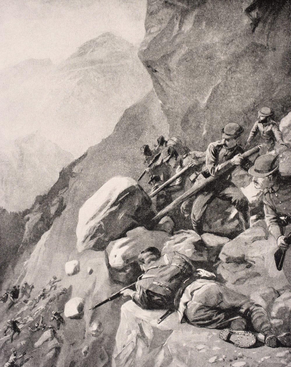 Italiaanse troepen die rotsblokken naar beneden duwen op vijandelijke soldaten in de Dolomieten, 1915, uit 