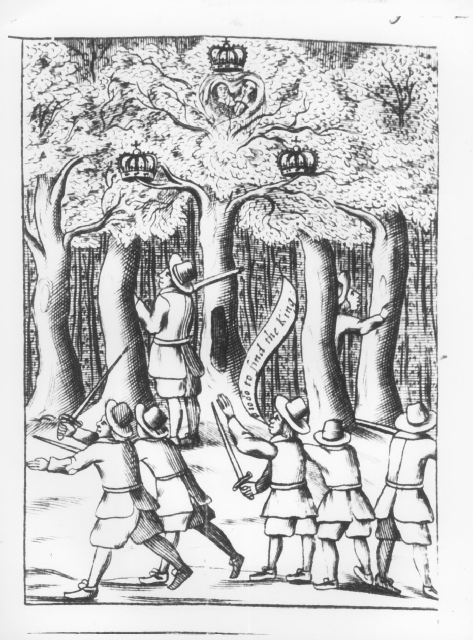 Koning Karel II (1630-85) die zich verstopt in een eikenboom in Boscobel na zijn nederlaag in de Slag bij Worcester in 1651, gepubliceerd 1660 door English School