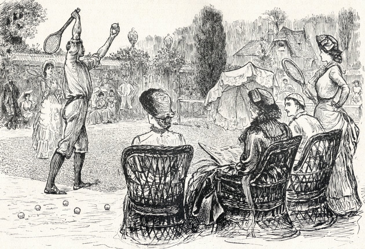 Lawn Tennis in 1883, gegraveerd naar de originele tekening in Punch Magazine, uit 