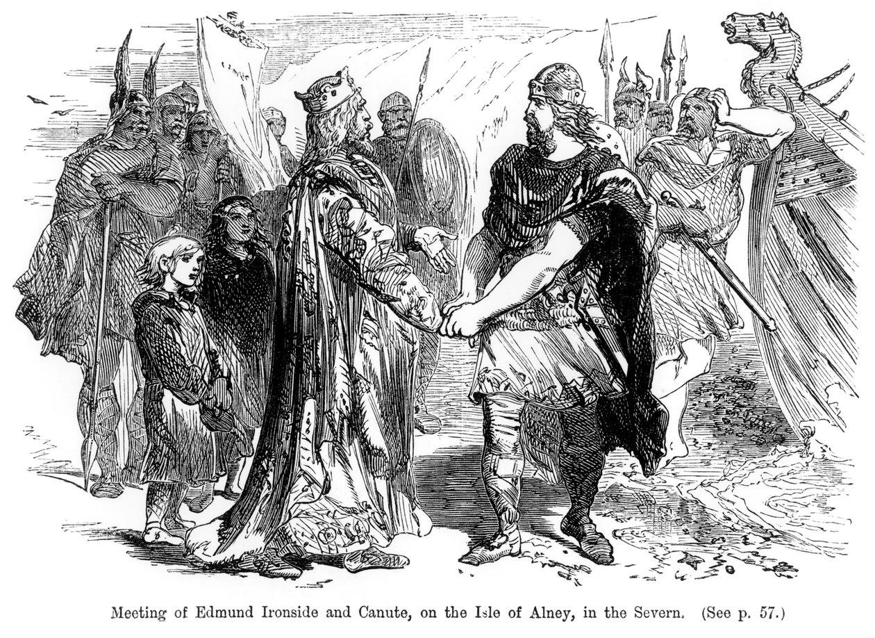 Ontmoeting van Edmund Ironside (981-1016) en Canute (994-1035) op het eiland Alney in de Severn in 1016 door English School