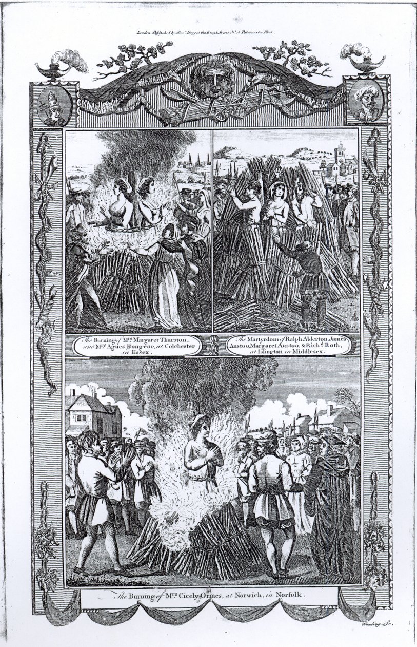 Mannen en vrouwen verbrand op de brandstapel in 1557, uit een editie van 