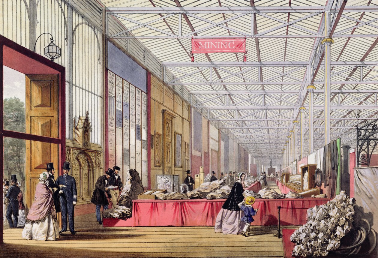 Mineralen: Galerij met rotsen en kristallen op de Grote Tentoonstelling in 1851, uit 