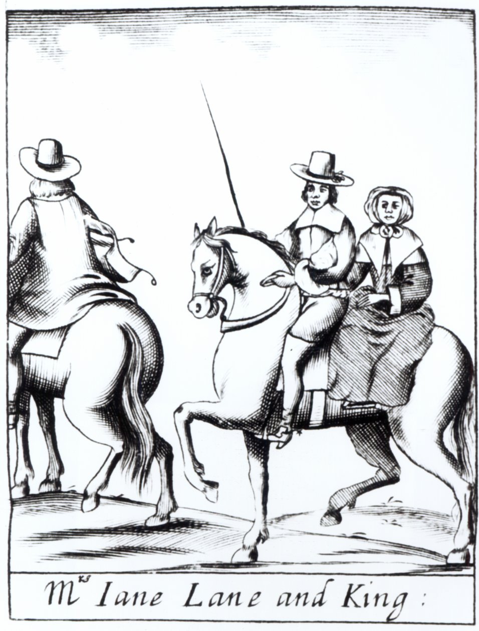 Mevrouw Jane Lane rijdt met koning Karel II (1630-85) na de nederlaag bij de Slag bij Worcester in september 1651, gepubliceerd 1660 door English School