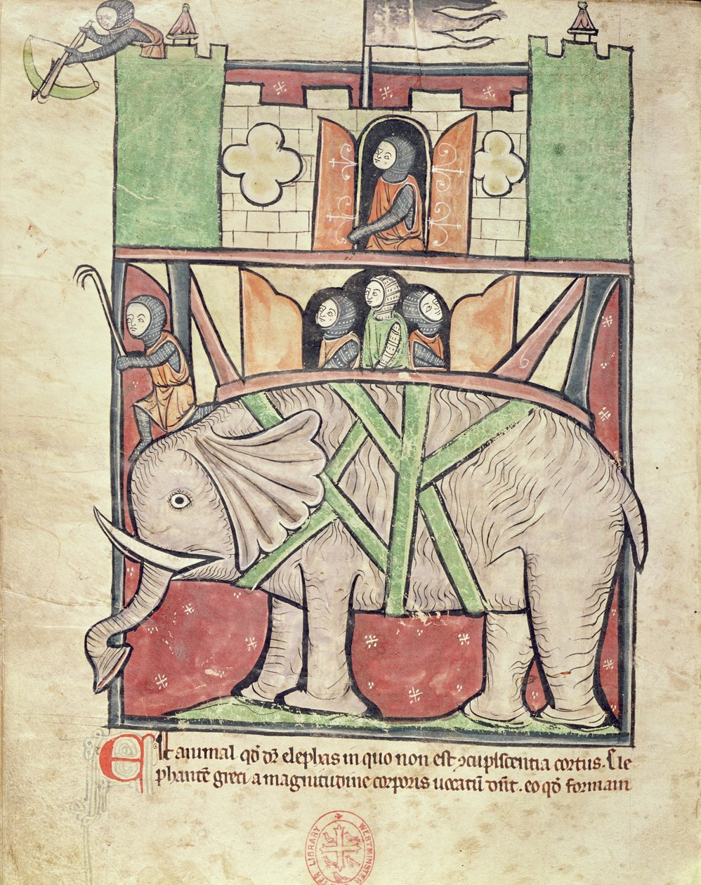 Ms 22 f.26v Olifant die een howdah vol soldaten draagt, uit de Westminster Abbey Bestiary, ca. 1270-90 door English School
