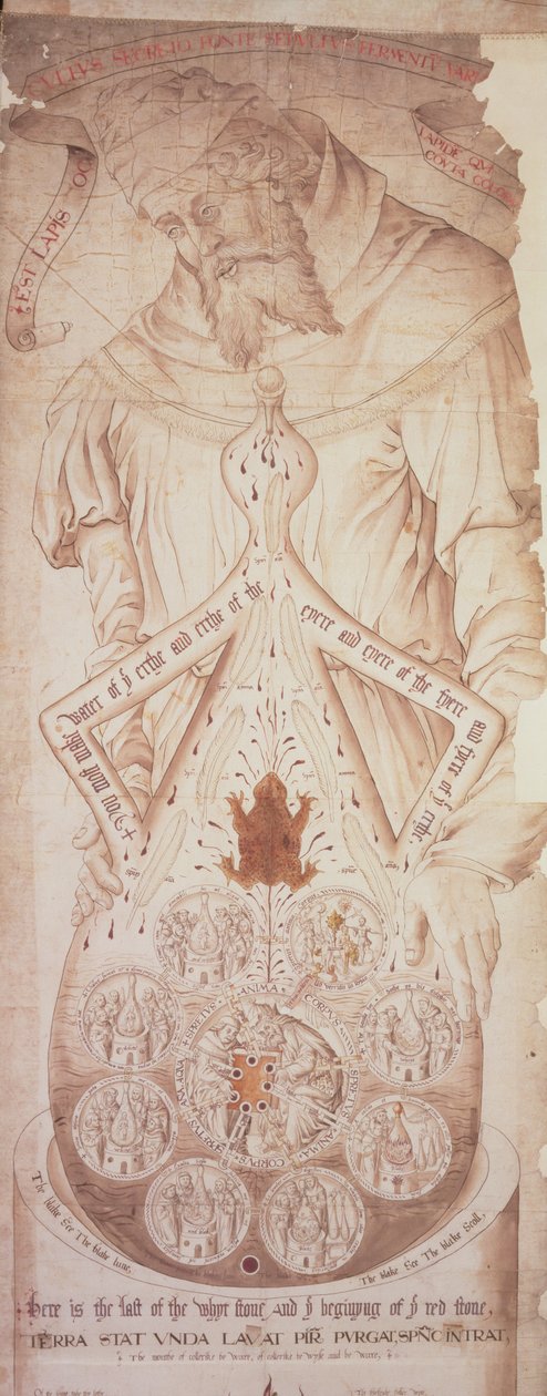 Emblematisch diagram van de alchemische processen voor de productie van de Steen der Wijzen, scène I, uit de Ripley Scrolls door English School
