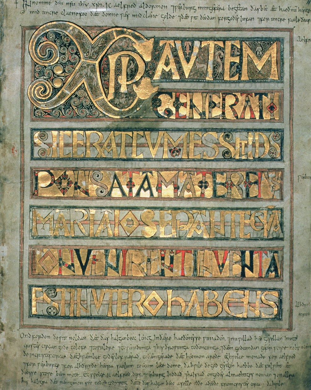Ms A 135 f.11r Verlichte tekst, beginpagina `Xpi aan St. Matteüs, uit de Stockholm Codex Aureus, c.750 door English School