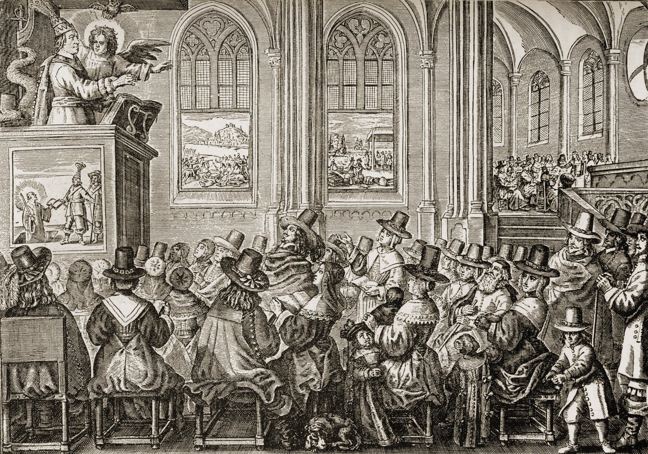 Oliver Cromwell (1599-1658) preekt voor een puriteinse gemeente door English School