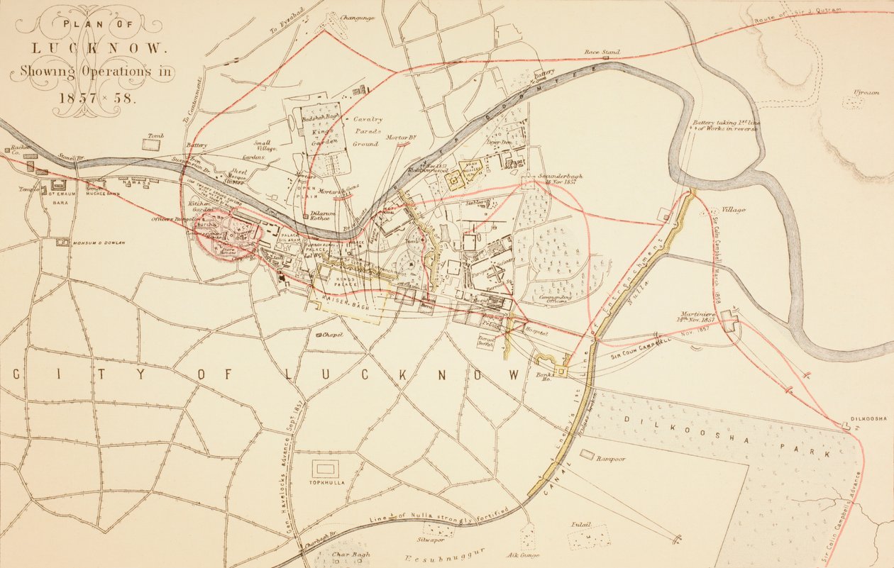 Plan van Lucknow, 1883 door English School