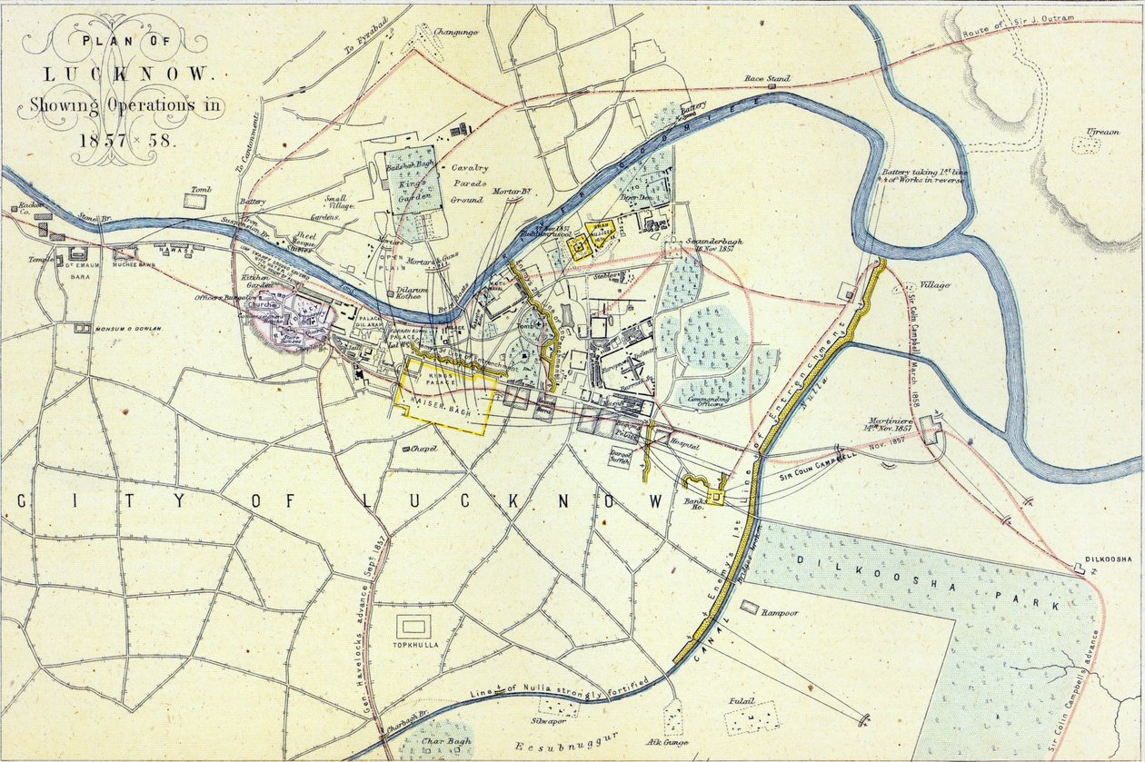 Plan van Lucknow met operaties in 1857-58, uitgegeven door William Mackenzie door English School
