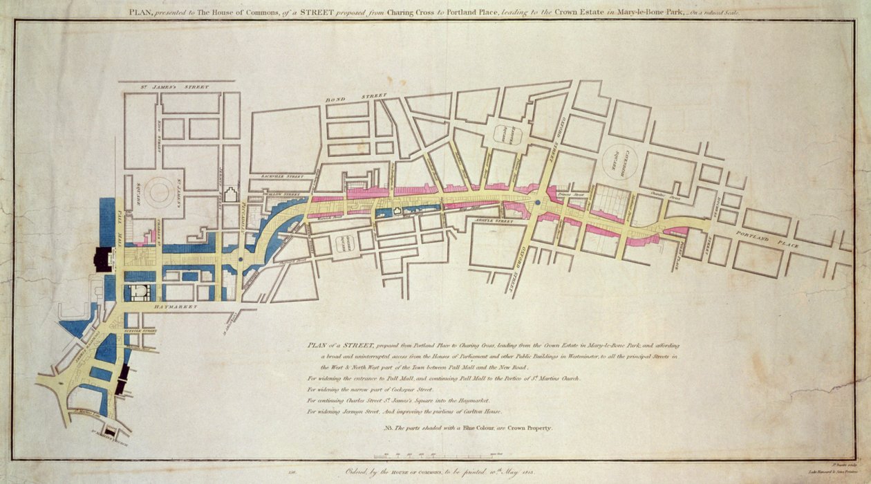 Plan van voorgestelde straat van Charing Cross naar Portland Place, 1848 door English School