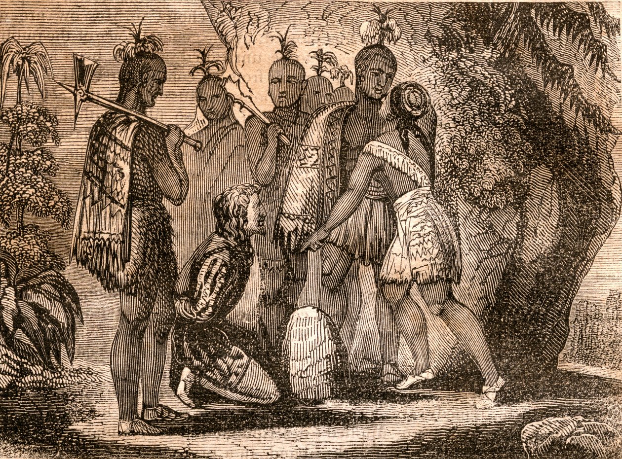 Pocahontas die pleit voor het leven van Smith in 1607, illustratie uit 