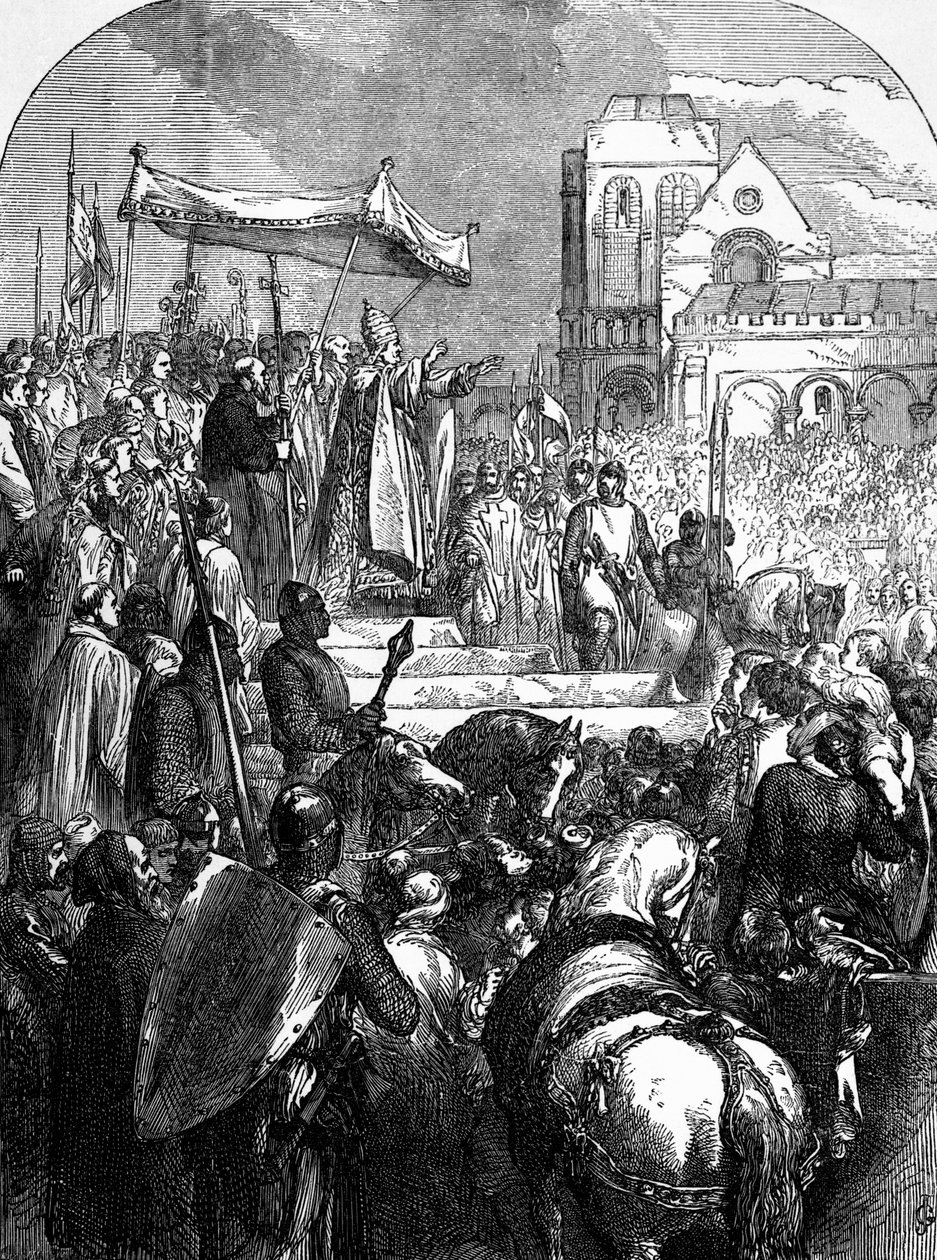 Paus Urbanus II (c.1035-99) predikt de Eerste Kruistocht op de markt van Clermont in 1095 door English School