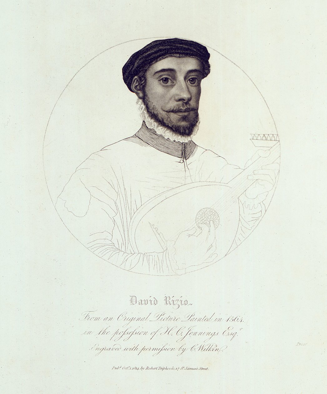 Portret van David Rizio, naar een origineel geschilderd in 1564, gegraveerd door C. Wilkin, gepubliceerd in Londen, 1814 door English School